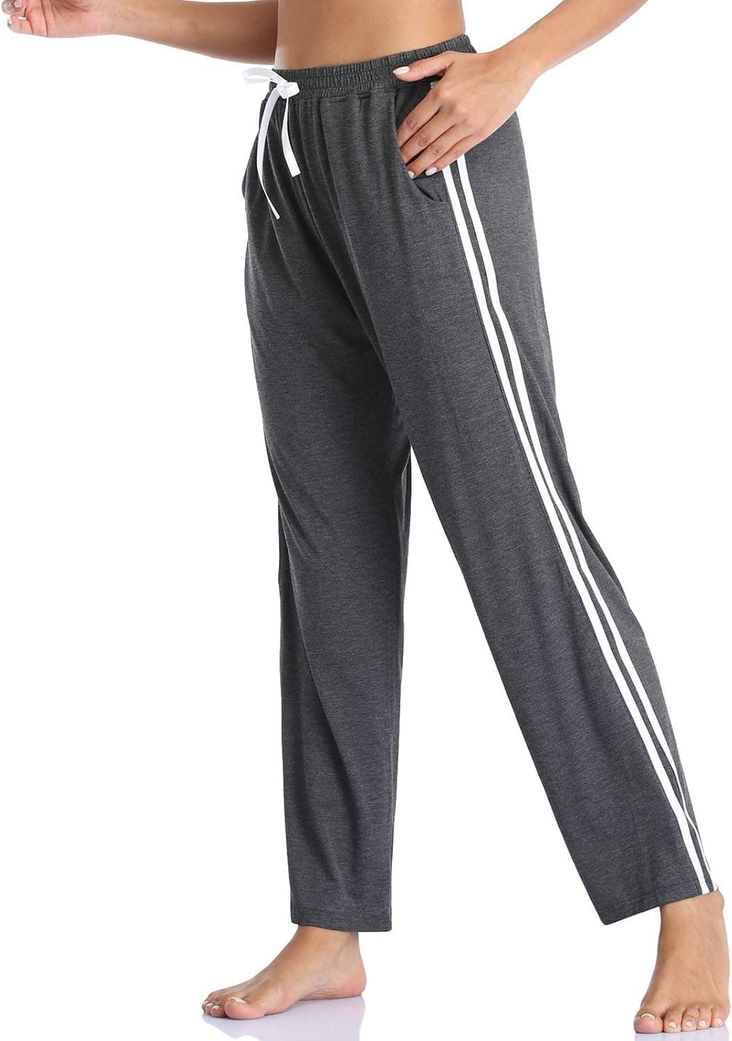 Envlon Womens Yoga Pants Wide Leg Stretch Workout Running Pants Lightweight Side Stripe Athletic Pants with Pockets Dark Grey