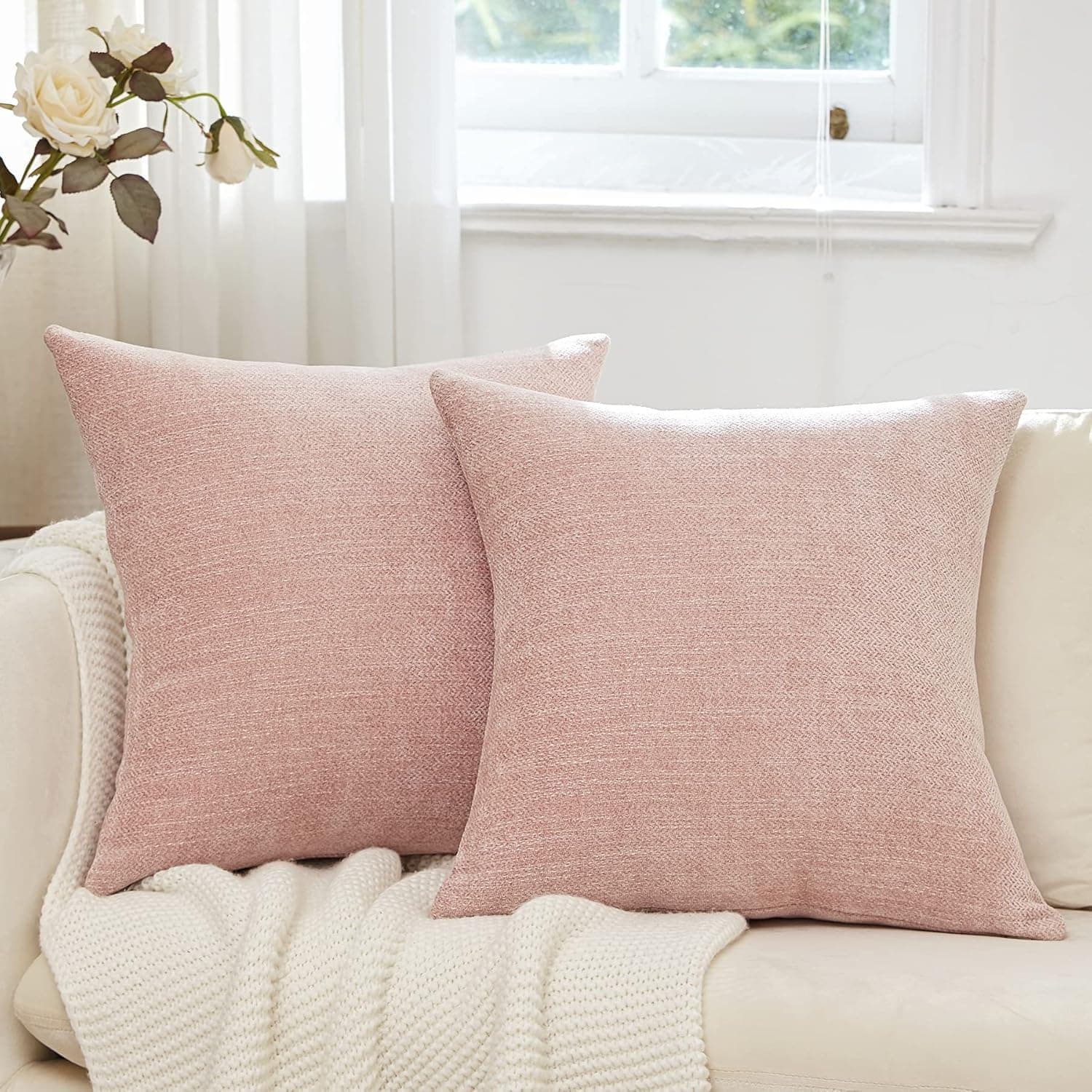 Anickal Pillow Covers 18x18 Inch Set of 2 Blush Pink Decorative Throw Pillow Covers Square Accent Cushion Case for Couch Sofa Living Room Farmhouse Home Decoration