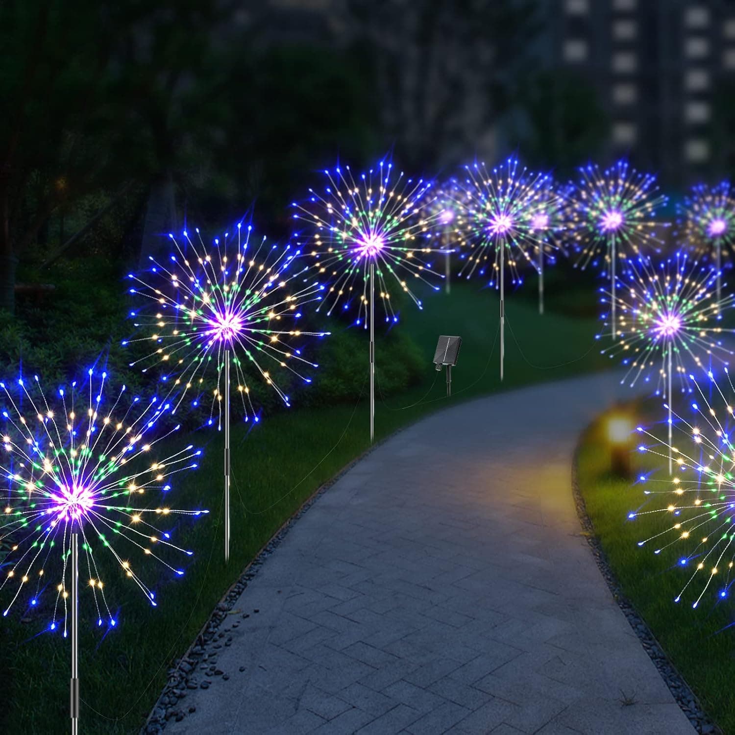 ZRJNLED 6 Pack Solar Firework Lights Outdoor Waterproof,120 LED USB C Charging Garden Lights 8 Lighting Modes Remote Control, 3 Brightness DIY Firefly Firework Lamp for Path Party Yard (Colorful)