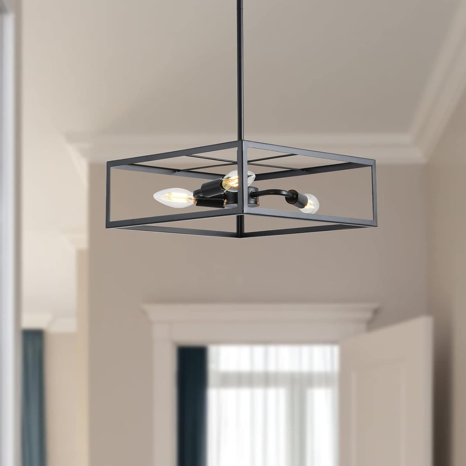 SJCCDSGS 3 Lights Matte Black Finish Lantern Pendant Light, Industrial Vintage Iron Cage, Hanging Lantern Chandelier for Dining Room Kitchen,E12 Base Socket