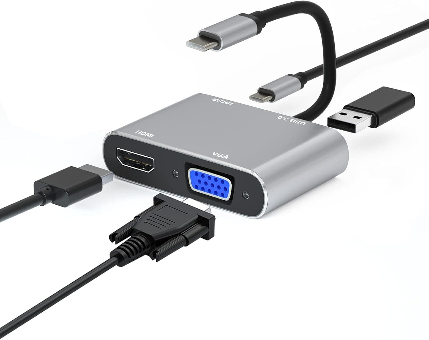 SIVXNEM USB-C to HDMI Adapter USB-C Hub 4in1(VGA 1080P@60Hz+HDMI 4K@30Hz+USB3.0+PD65W USB C Dongle), Thunderbolt 3 to HDMI Adapter Compatible with iPad Pro/MacBook Air/MacBook Pro/Switch