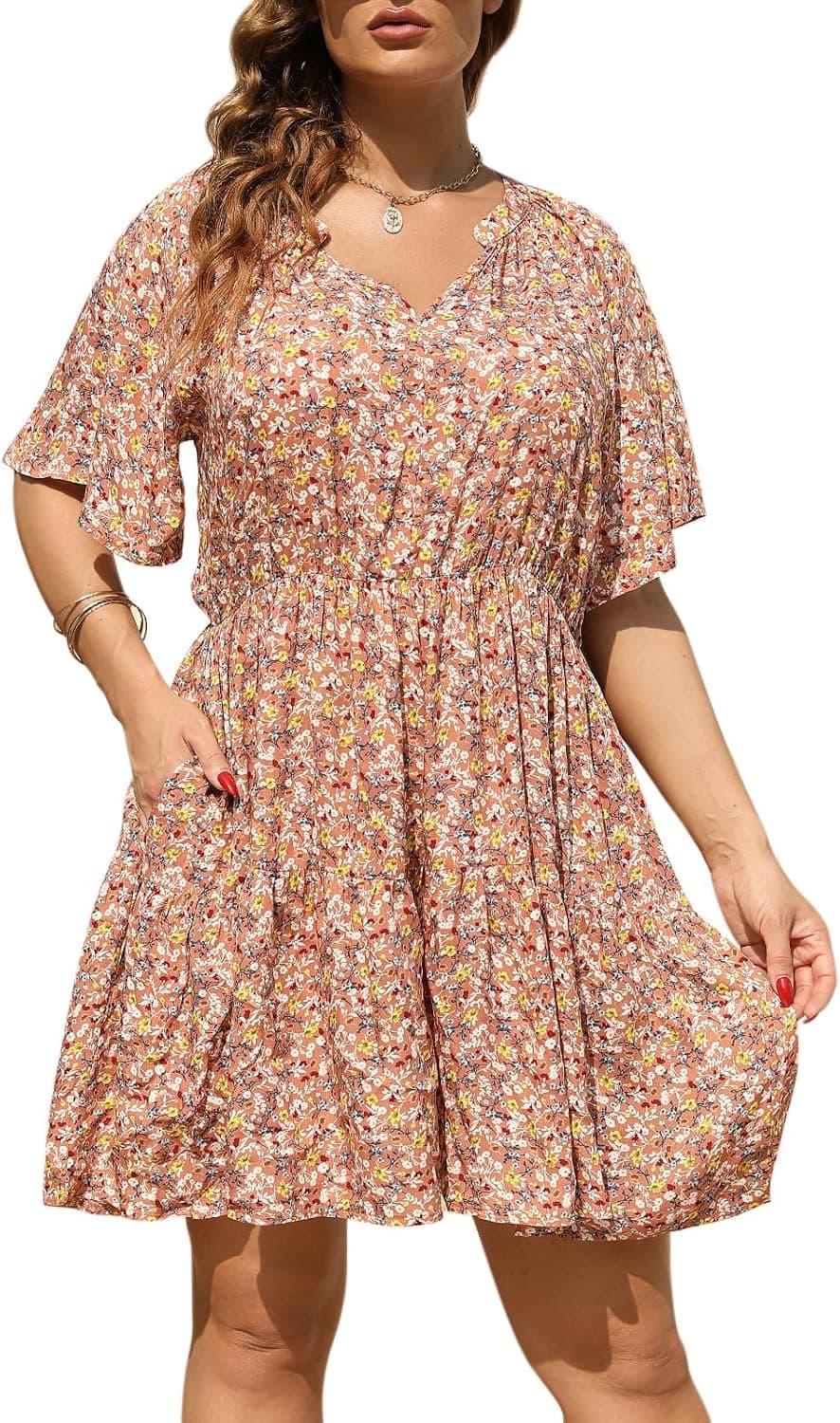 Nemidor Womens Plus Size Floral Print Boho Casual Layered Swing Skater Dress with Pocket NEM299