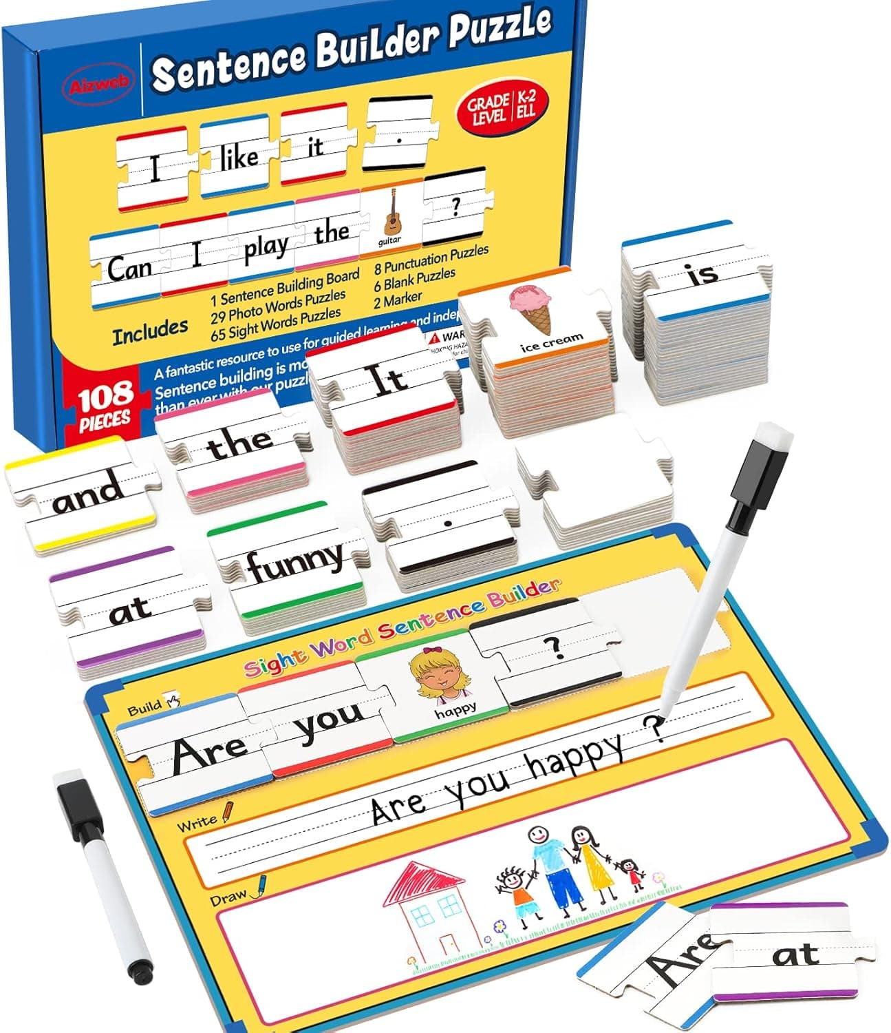 Aizweb Sentence Building,Sight Word Games for Kindergarten 1st 2nd Grade Classroom Must Haves,Montessori Phonics Reading Learning Games,Speech Therapy Special Education Manipulative Toy for Teacher