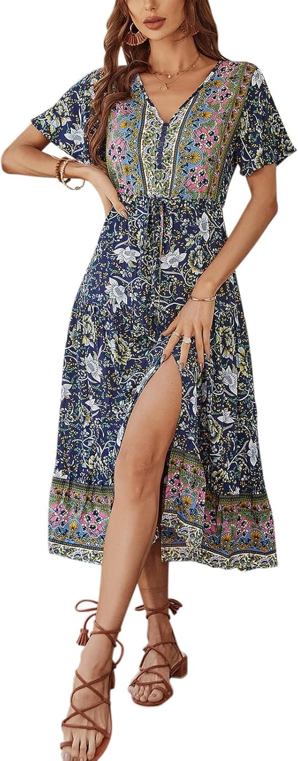 TEMOFON Women's Dresses Summer Bohemian Casual Short Sleeve Floral Print Maxi Dress S-2XL