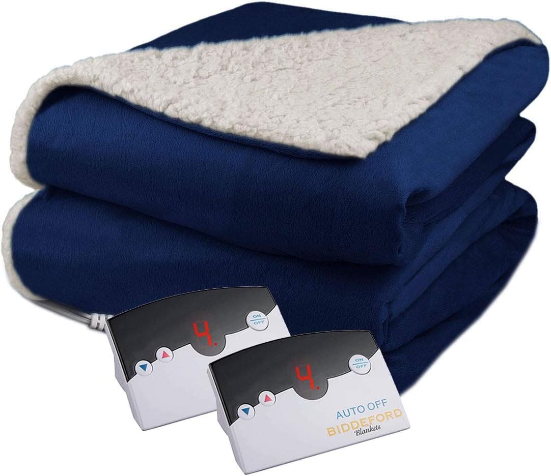 Biddeford Velour Sherpa Electric Heated Warming Blanket Queen Navy Blue Washable Auto Shut Off 10 Heat Settings