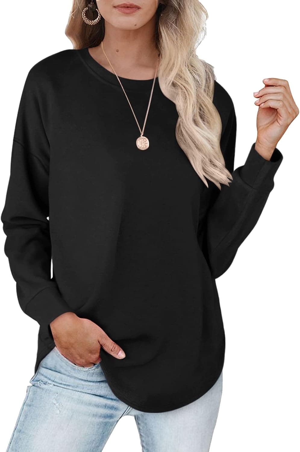 Womens Sweatshirts Long Sleeve Shirts Fall Casual Puff Tops Loose Solid Basic T Shirt Crew Neck Tee Tops Blouse For Women