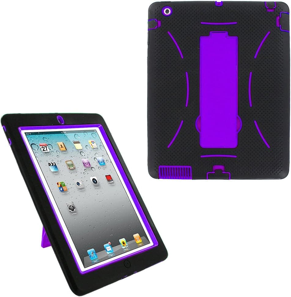 KIQ (TM) Black/ Purple Heavy Duty 2-in-1 Silicone Plastic Hybrid Armor Case for Apple New Ipad 2 3 4