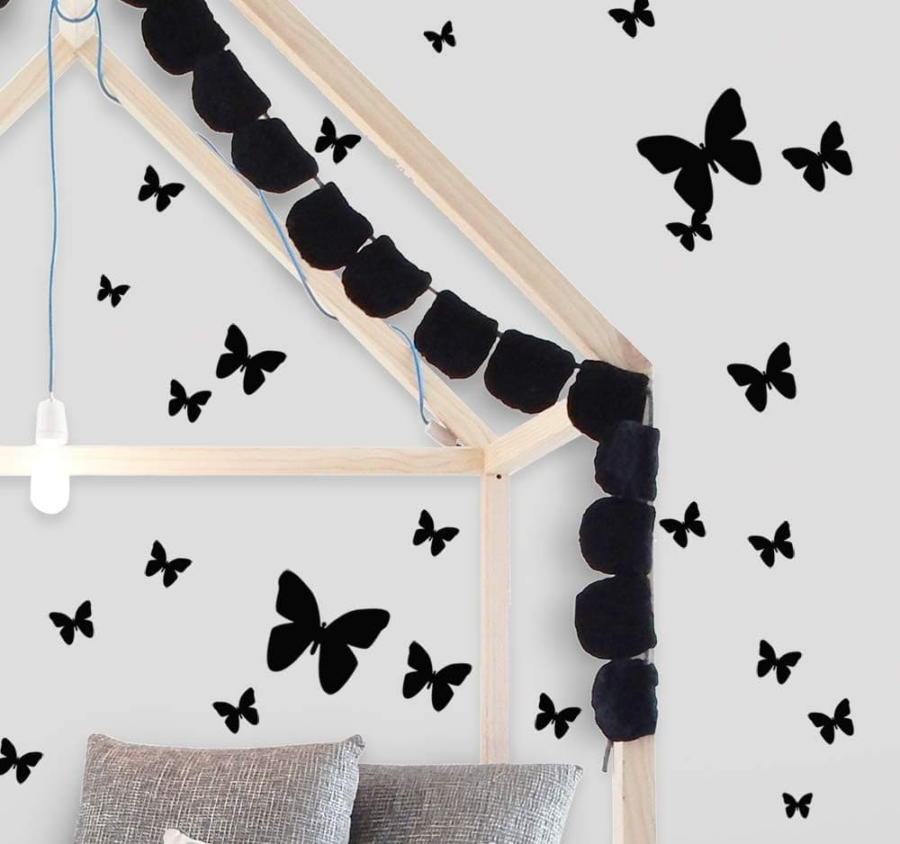 Black Butterfly Wall Decals, Girls Dorm Room Decor Bedroom Decoration Kids, Baby Nursery, Toddler, Teen, Playroom, Bathroom (Black)