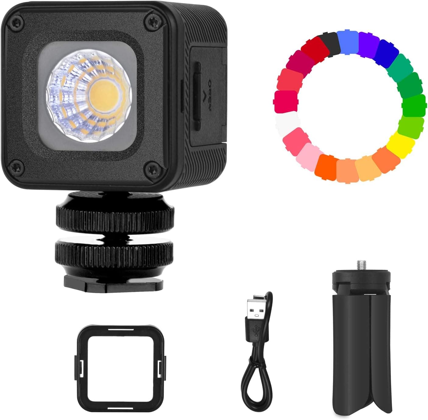 Emart Mini LED Waterproof Portable Video Lighting with 20 Color Gel Filters and Tripod Stand, Dimmable Fill Light on Camera for Smartphone, Drone Photography, Gopro, Osmo Pocket Osmo Action, DSLR