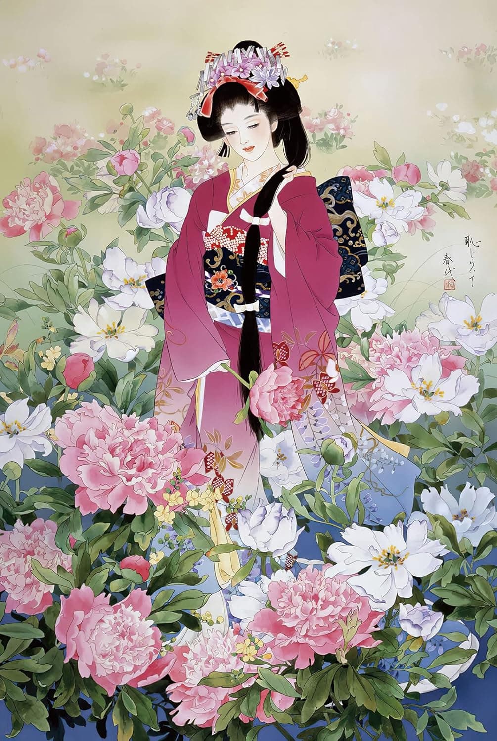 for Adults Pink Kimono Bride Girl Beauty Geisha by Haruyo Morita- 1000 Piece Wooden Jigsaw Puzzle for Famliy and Teens Art Series-9007