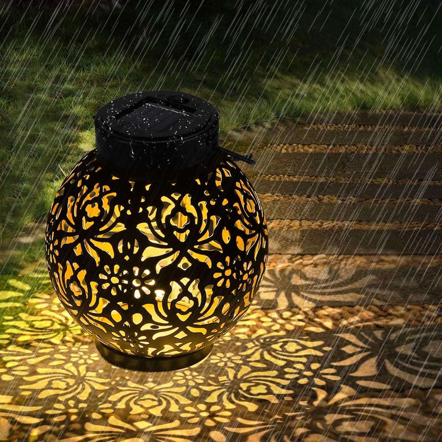 Solar Lanterns Outdoor, OOWOLF Hanging Solar Lanterns with Handle, Hollowed-Out Design, IP44 Waterproof Outdoor Solar Garden Lights, Backyard Lights Outdoor for Terrace, Front Door, Path, Street, Lawn