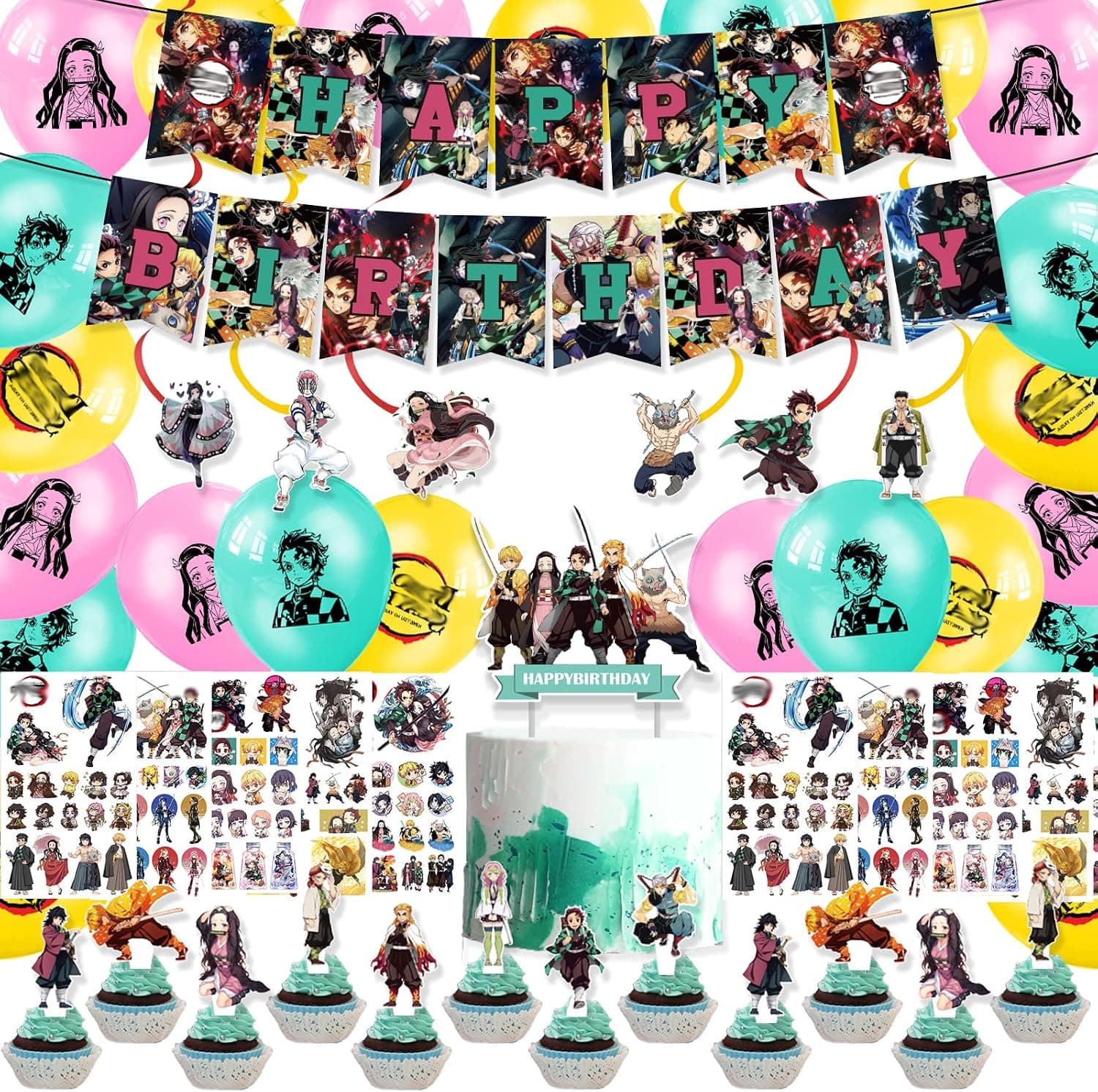 66PCS Demon Slayer Green Birthday Party Supplies Include Happy Birthday Banner, Cake Topper, Cupcake Toppers, Latex Balloons,Hanging Swirls,Tattoo Stickers