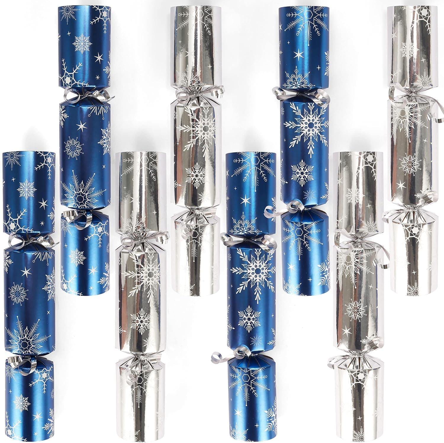 JOYIN 8 Pack Christmas Party Favor with Silver & Blue Snowflake Design, No Snap Party Table Favors Containing Paper Hat, Jokes and Gift for Christmas Parties, Dinners and Holidays