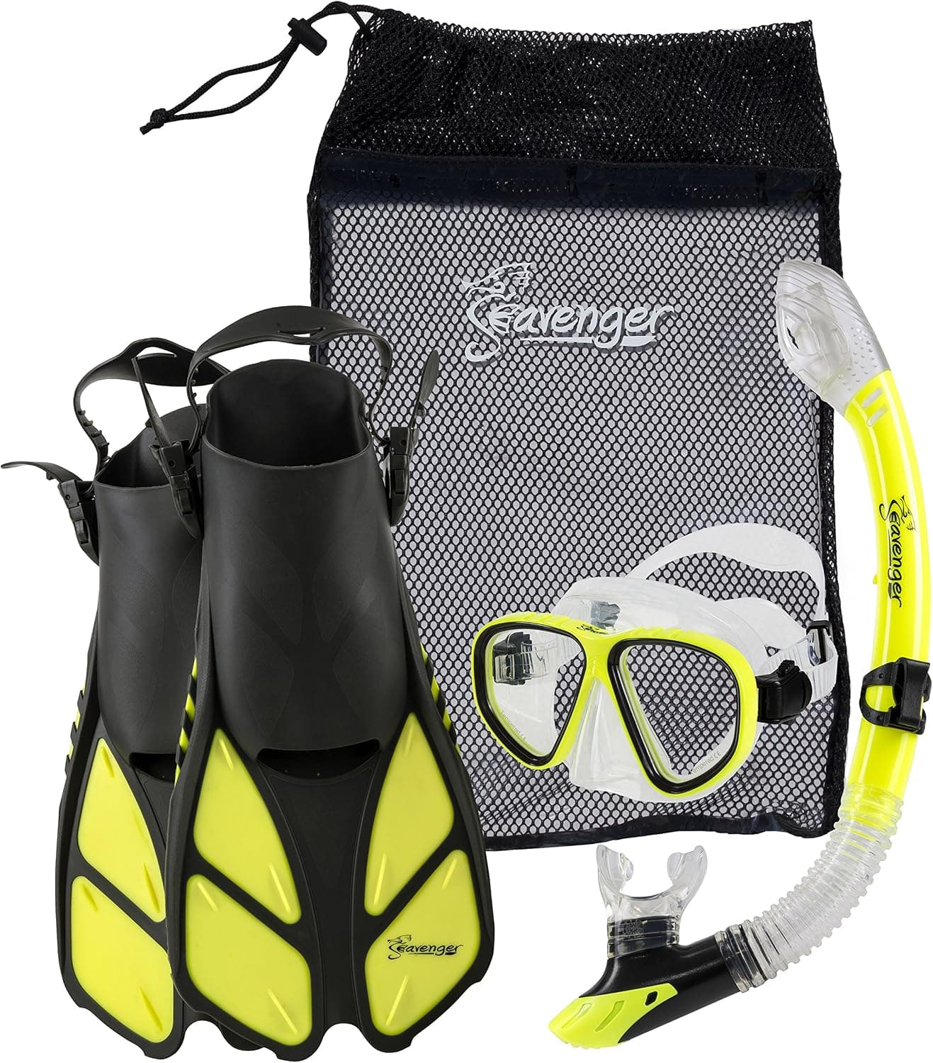 Seavenger Diving Snorkel Set- Dry Top Snorkel/Trek Fin / 2-Windows Tempered Glass Mask/Gear Bag- Yellow - Large/X-Large