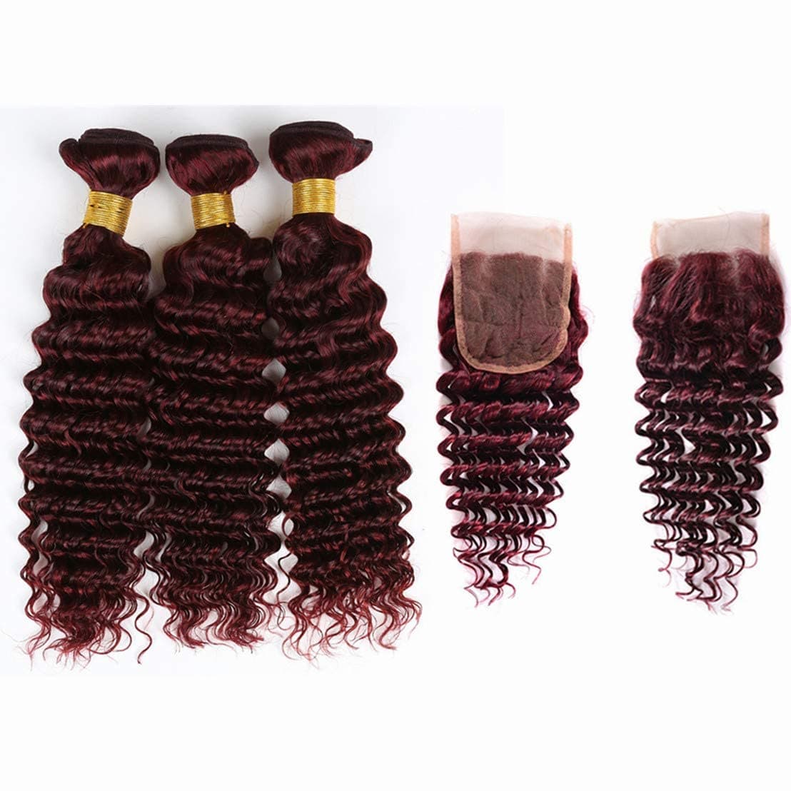 Burgundy Deep Wave Brazilian Virgin Hair Weave With 4X4 Lace Closure 4Pcs Lot 100% Unprocessed Human Hair Weft #99J Wine Red Deep Curly Human Hair 3 Bundles (18 20 22 with 18 closure, 99J,Burgundy)