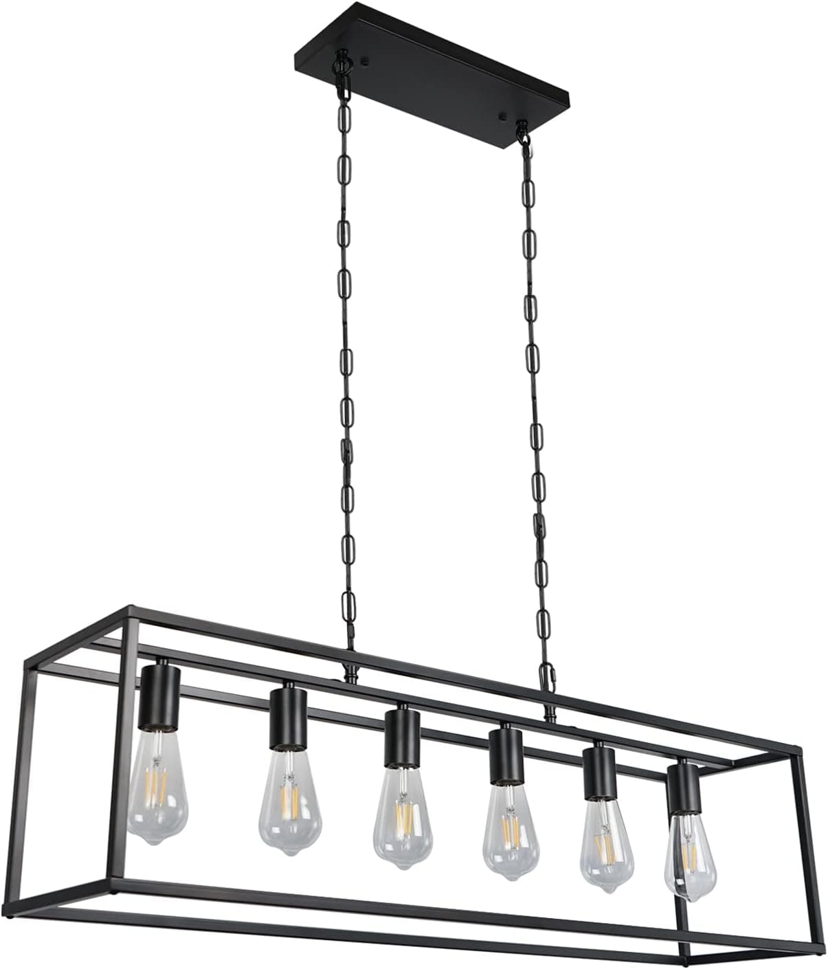 Farmhouse Industrial Dining Room Lighting, 6-Light Black Modern Chandelier Rectangle Light Fixtures for Kitchen Island, Living Room