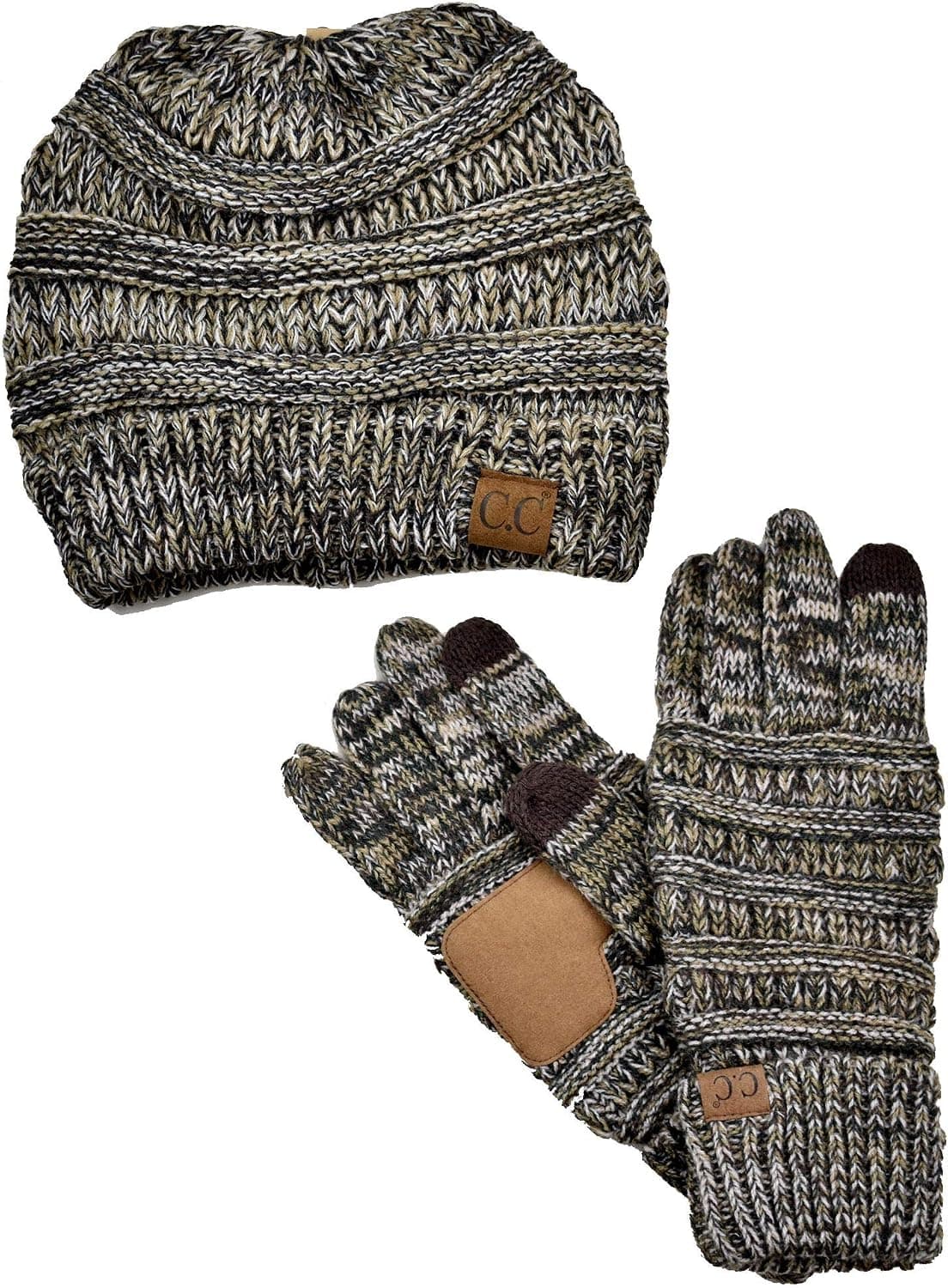 C.C Unisex Soft Stretch Cable Knit Beanie and Anti-Slip Touchscreen Gloves 2 Pc Set 2 Pc Set