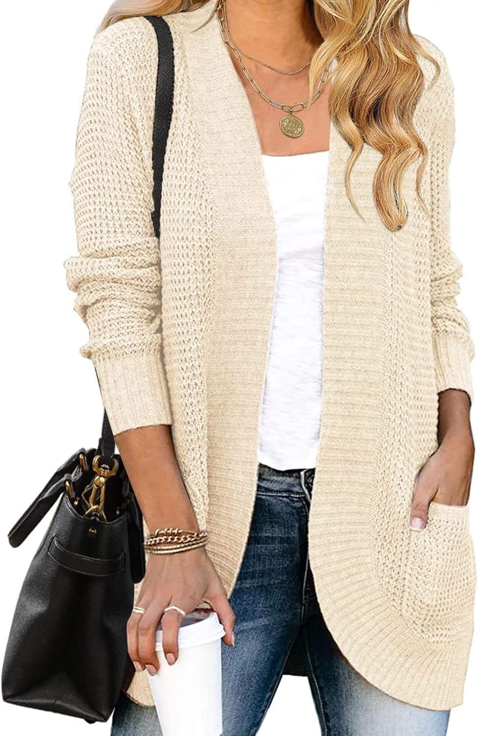 YIBOCK Womens Long Sleeve Open Front Waffle Chunky Knit Cardigan Sweater Outwear with Pockets