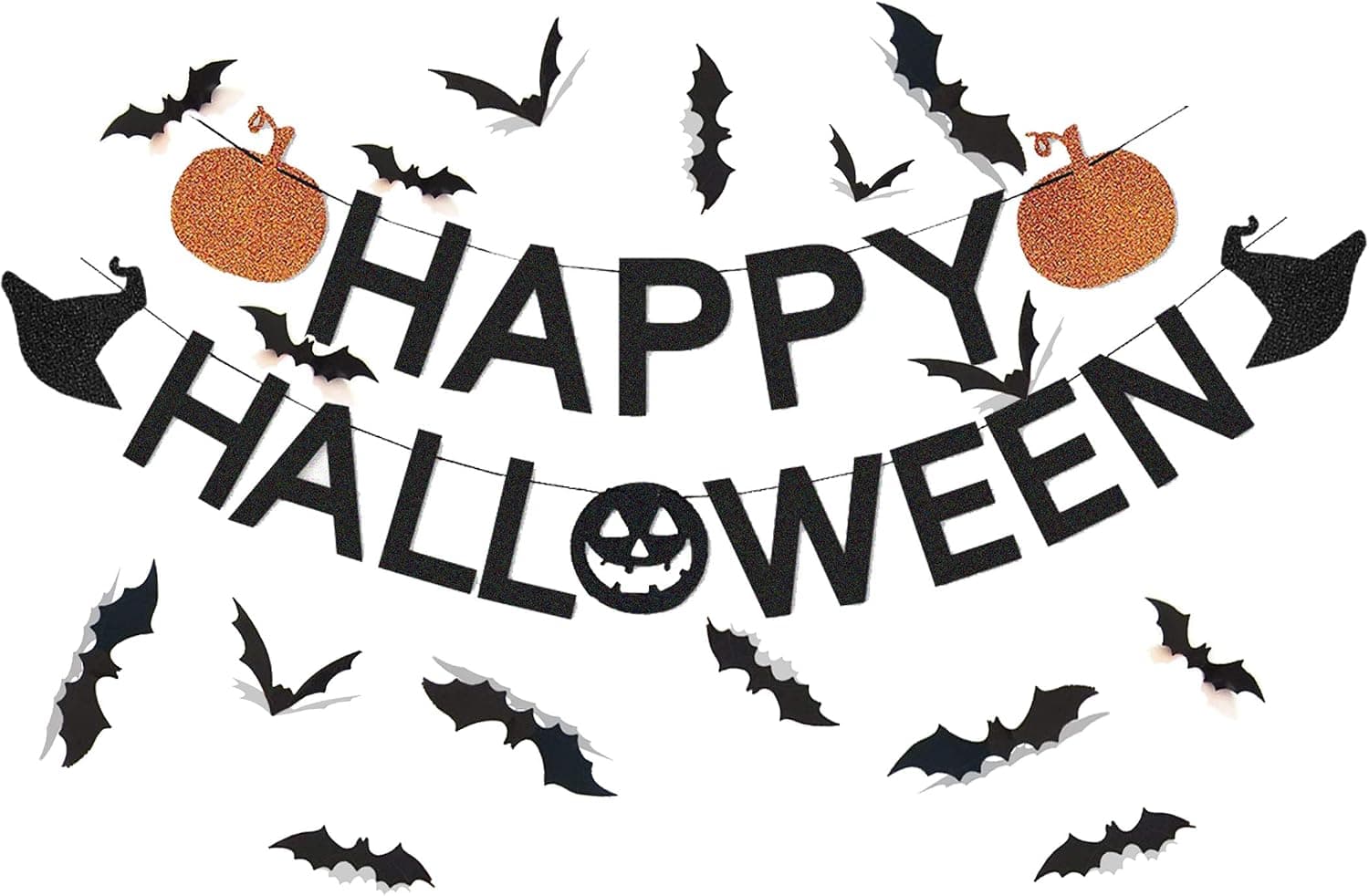 Black Glittery Happy Halloween Pumpkin Witches Banner with Scary PVC 3D Bats Wall Decals Wall Stickers for Halloween Party Decoration Supplies,Pre-Strung