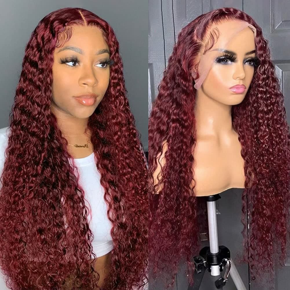 Pizazz 99J HD Lace Front Wigs Human Hair Pre Plucked 180 Density Burgundy Deep Wave Frontal Wigs 13x4 Natural Hairline Human Hair Wigs for Black Women(24 Inch)