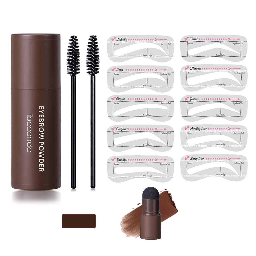 Eyebrow Stamp Brow Stencil Kit: Includes ibcccndc Eyebrow Powder & Reusable Brow Stencils & 2 Brow Brushes - Long Lasting Makeup Eyebrow Definer Shaping Set (Dark brown)
