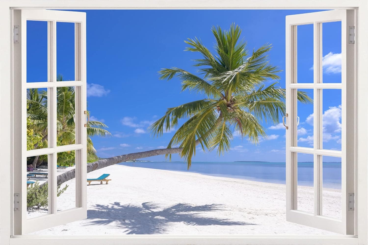 Tropical Palm Tree Beach Seascape Fake Window View Wall Sticker Removable Peel and Stick Vinyl 3D Mural Creative Window Scene Wall Decal for Living Room and Bedroom Home Wall Decor - 35" x 24"