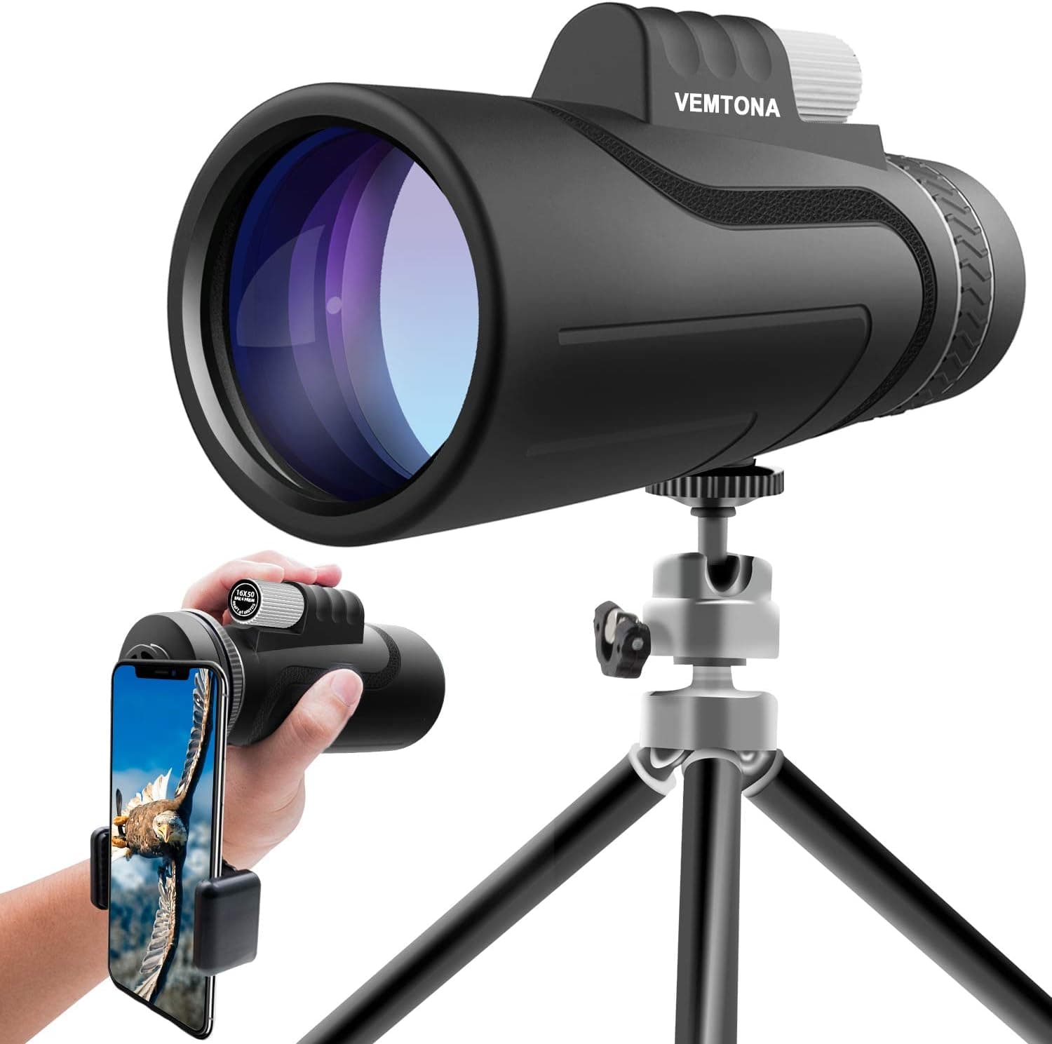 16x50 Monocular Telescope, VEMTONA High Powered Monoculars Scope for Adults with Long Tripod and Phone Adapter, Waterproof HD BAK4 Prism FMC Len Compact Optic for Bird Watching/Outdoor/Concert/Travel