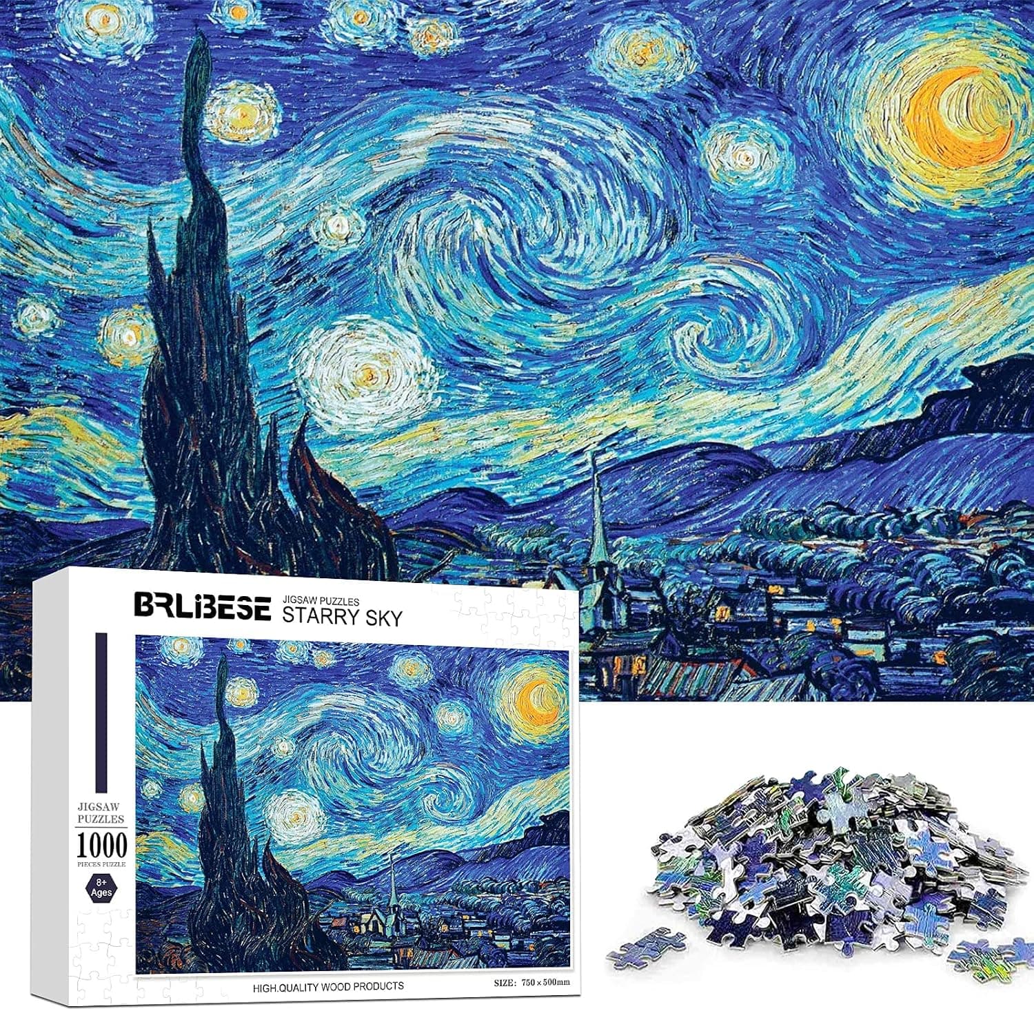 Jigsaw Puzzles 1000 Piece Adults ​Starry Night by Vincent Van Gogh-1000 Piece Puzzle Large Wooden Puzzles ​Kids Educational Fun Game Toys ​Gift for Home Decoratio (29.5in*19.7in)