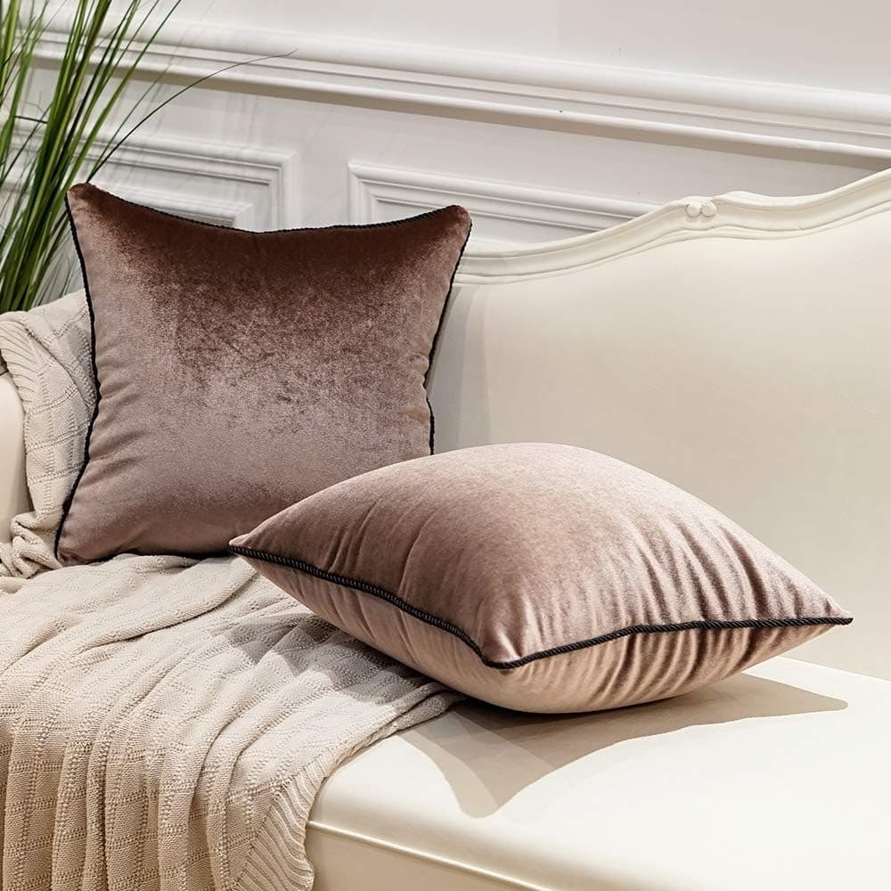 Avigers Pack of 2 Luxury Warp-Knitted Velvet Solid Soft Decorative Square Throw Pillow Covers Set Cushion Case for Sofa Bedroom Car 18 x 18 Inches 45cm x 45cm, Brown