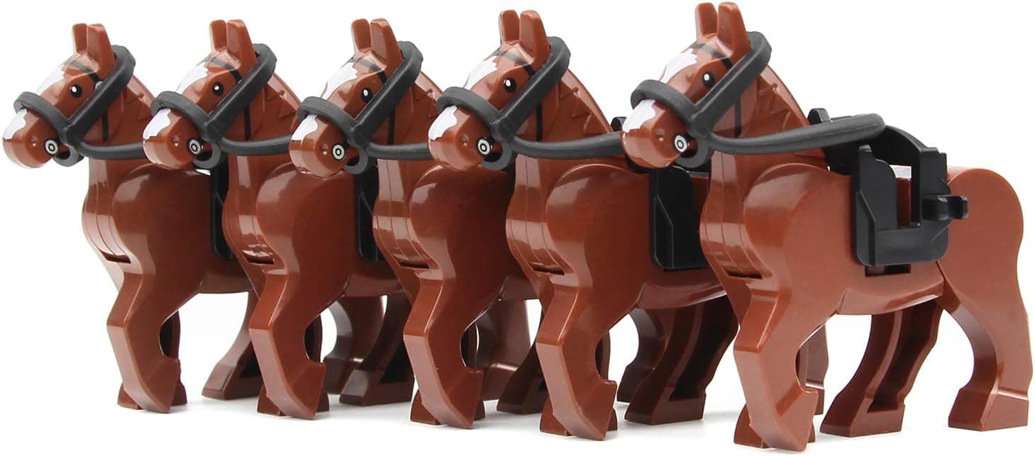 Feleph Brown War Horses Set Animals Building Block Toys Ranch Farm Medieval Knight Accessories Compatible with Major Brands（5 PCS）