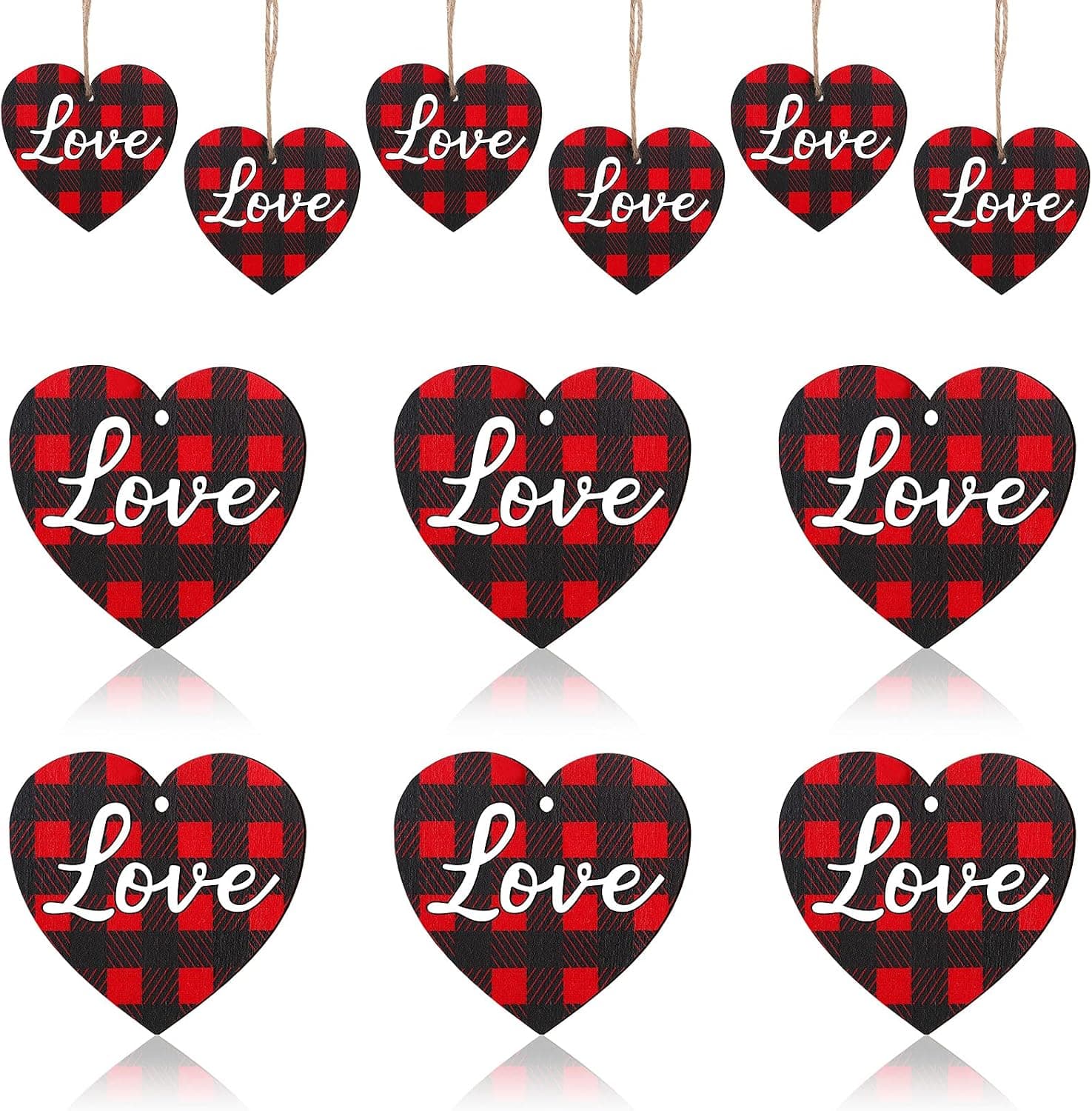 12 Pieces Valentine's Day Heart Wooden Ornaments Wooden Heart Shaped Embellishments Red Black Buffalo PlaidWood Hanging Slices with Twine for Valentine's Day Wedding Party Decorations