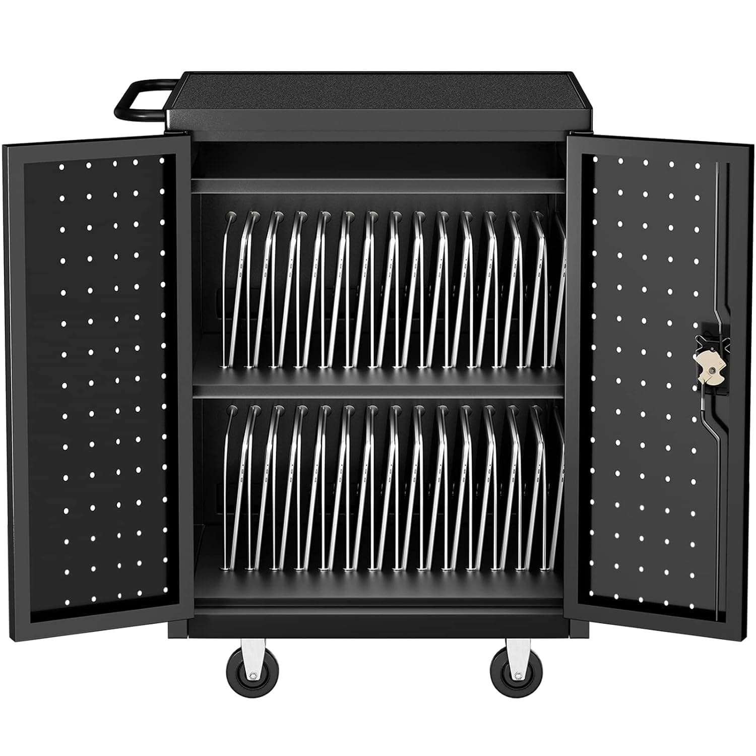 VEVOR Mobile Charging Cart, 32 Device, Two-Layer Charging Cabinet for Laptop Computers, Chromebook, iPad, Tablets, Up to 13-inch Screen Size, Storage Cart with Power Strip, USB Port, and Locking Door