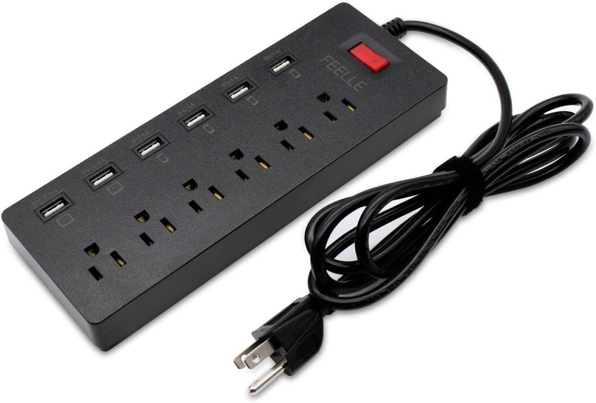 FEELLE 6 Outlet Surge Protector Power Strip with 30W 6 Ports USB Charger for iPhone, iPad, Smartphones,Tablets and More - Black