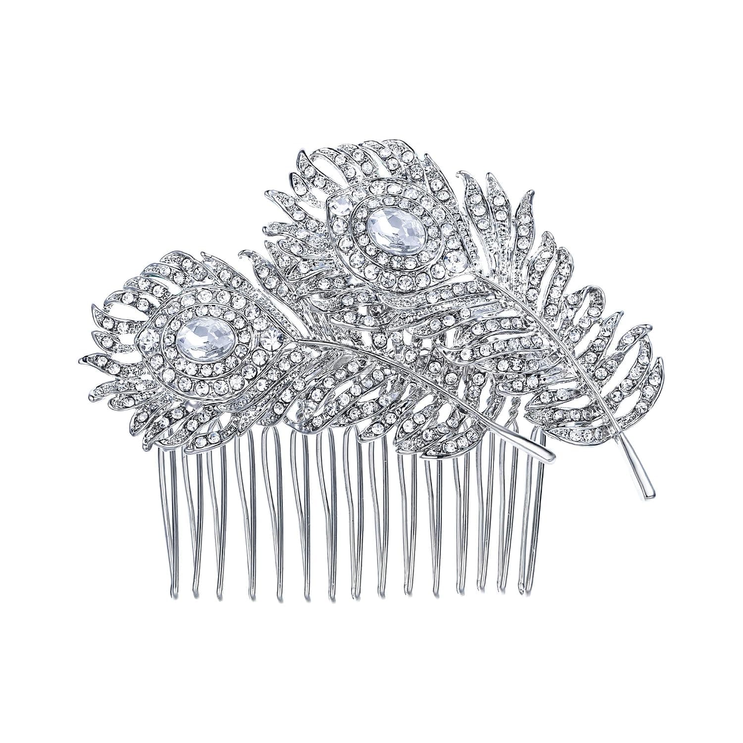 EVER FAITH Women's Austrian Crystal Wedding Elegant 2 Peacock Feather Hair Comb Clear Silver-Tone