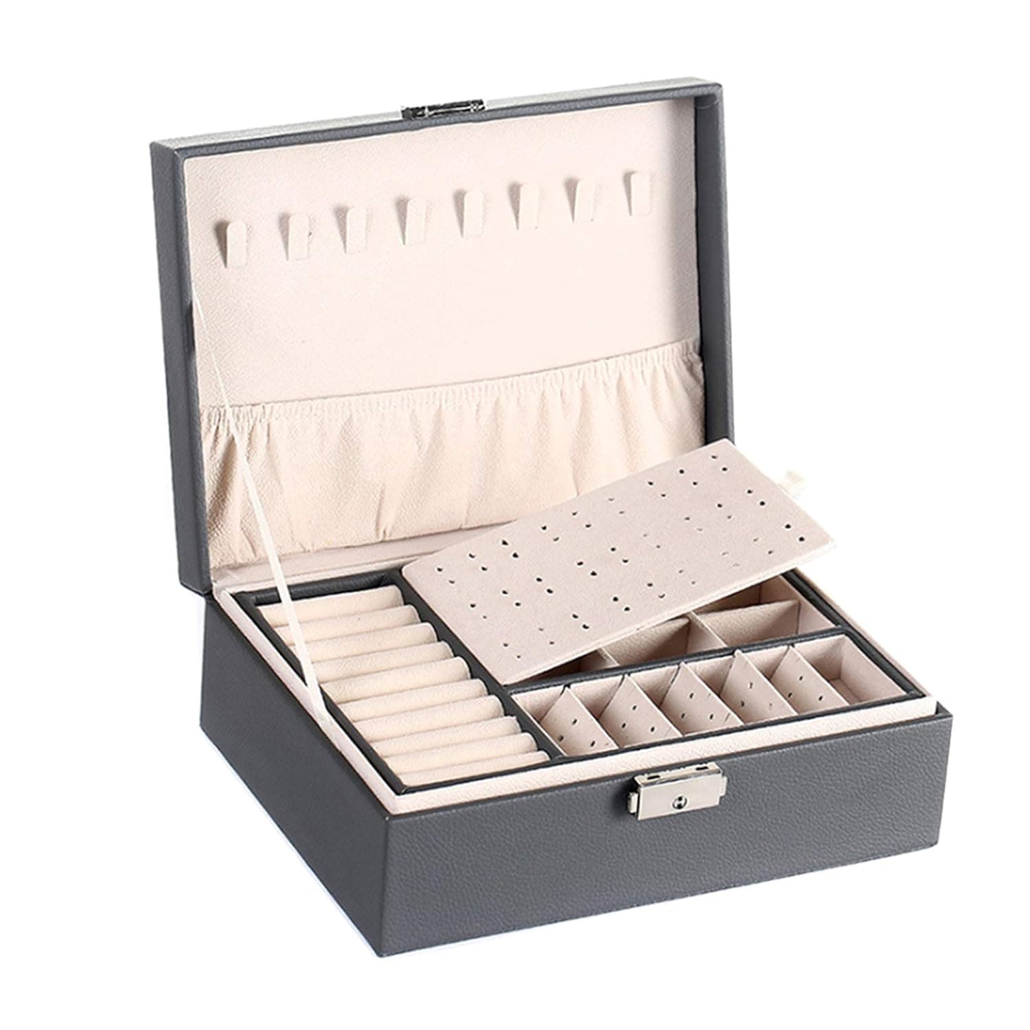 Multi-Functional Jewelry Box PU Leather Casket Double Layer Large Capacity Jewelry Organizer Storage Case for Rings Earrings Necklace