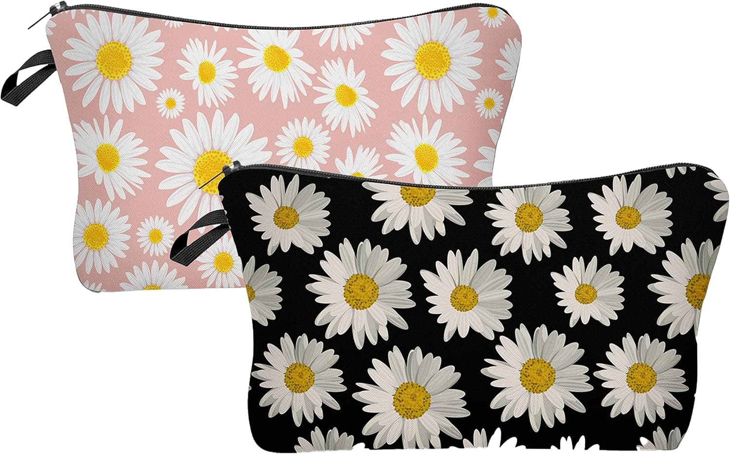 Borsun 2 Pcs Cosmetic Bag for Women Small Make Up Bag Waterproof Travel Toiletries Pouch with Zipper for Organizing Small Items, Gift Bags for Birthday Christmas(Daisy Flower 1)