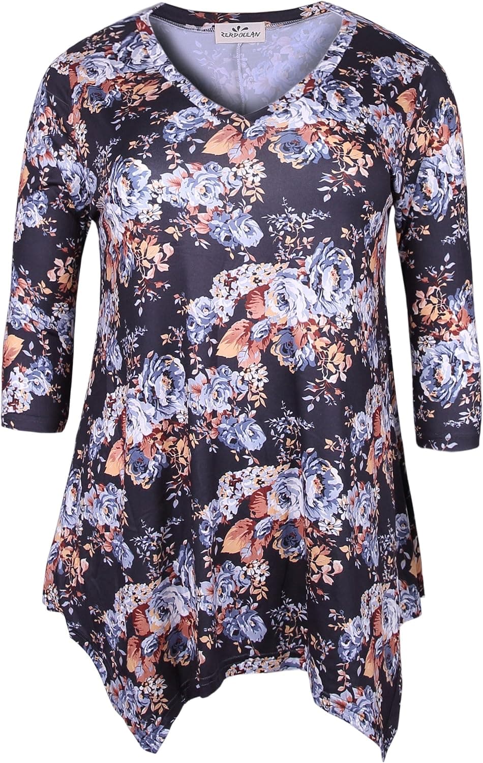 ZERDOCEAN Women's Plus Size Printed 3/4 Sleeve Tunic Top Loose Shirt