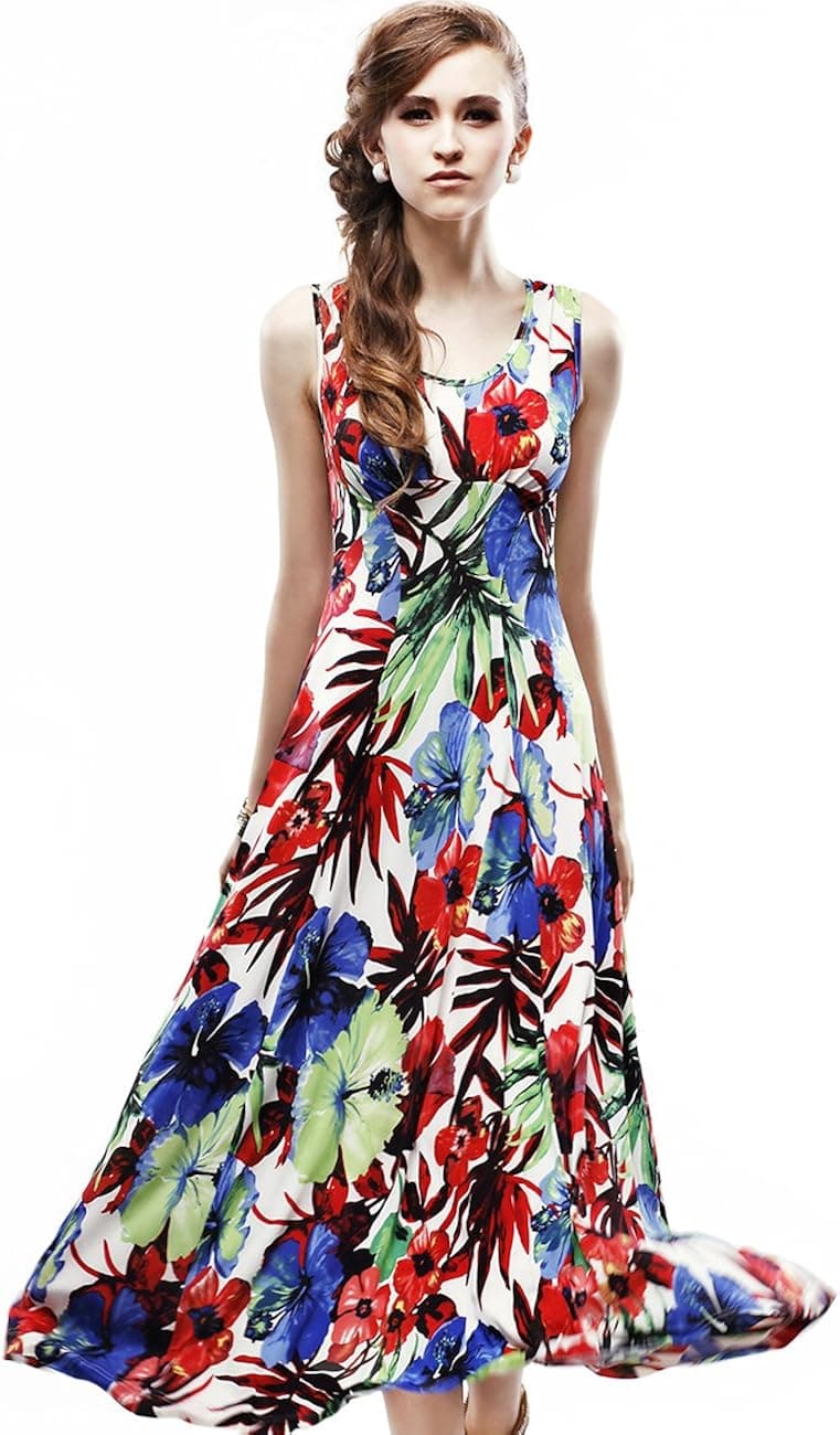 Maxchic Women's Empire Waist Sleeveless Stretch Floral Print Maxi Dress C42243S11M