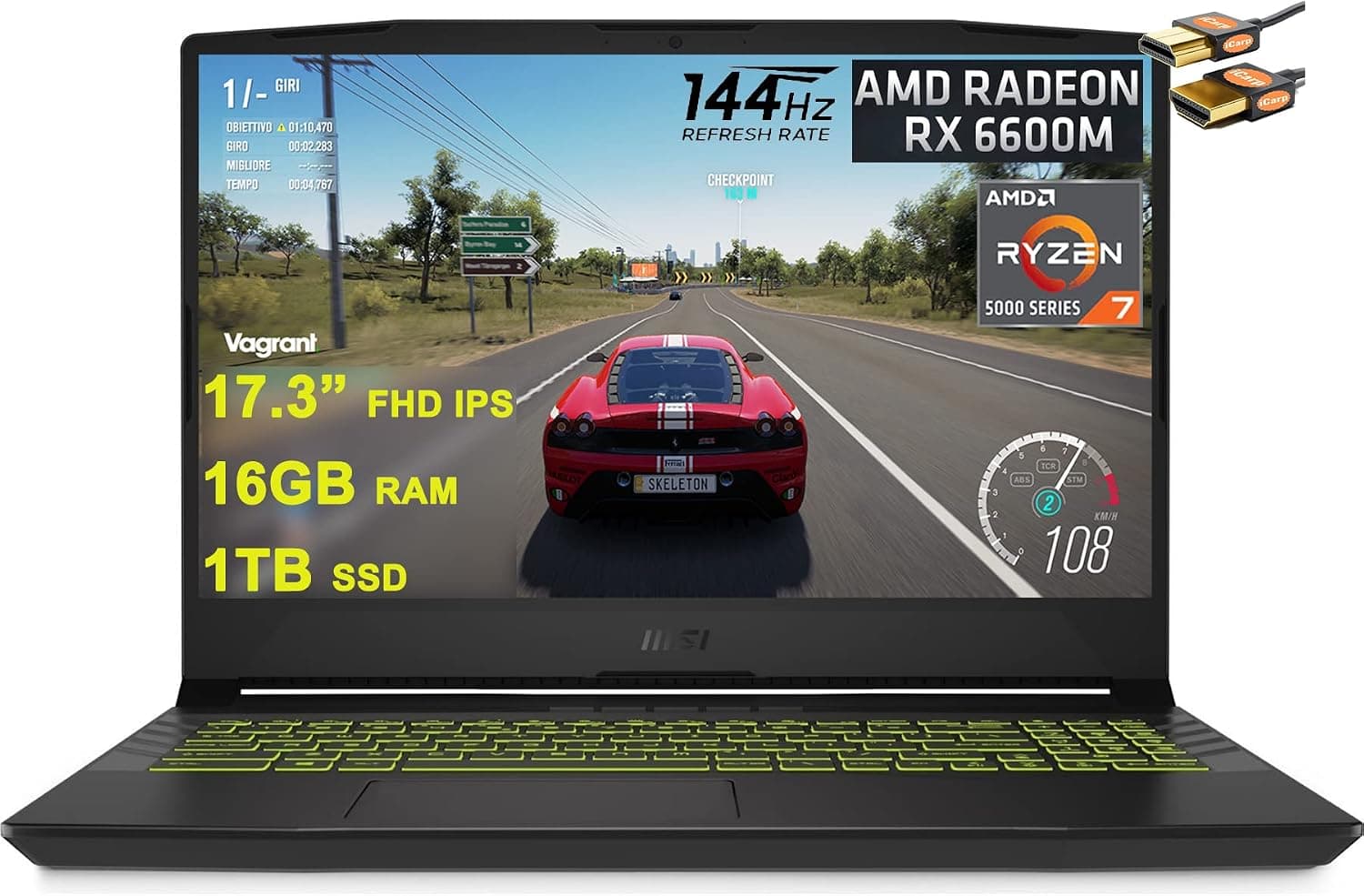 MSI Alpha 17 AMD Advantage Edition Gaming Laptop 17.3” FHD IPS 144Hz Display AMD Octa-core Ryzen 7 5800H 16GB RAM 1TB SSD AMD Radeon RX6600M 8GB USB-C Backlit Win11 Black + HDMI Cable