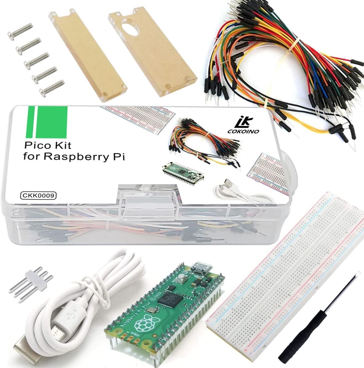 LK COKOINO Raspberry Pi Pico Starter Kit with Pre-Soldered Header, 830 Points Solderless Breadboard, 65pcs Jumper Cables, Raspberry Pi Pico Case and Screwdriver