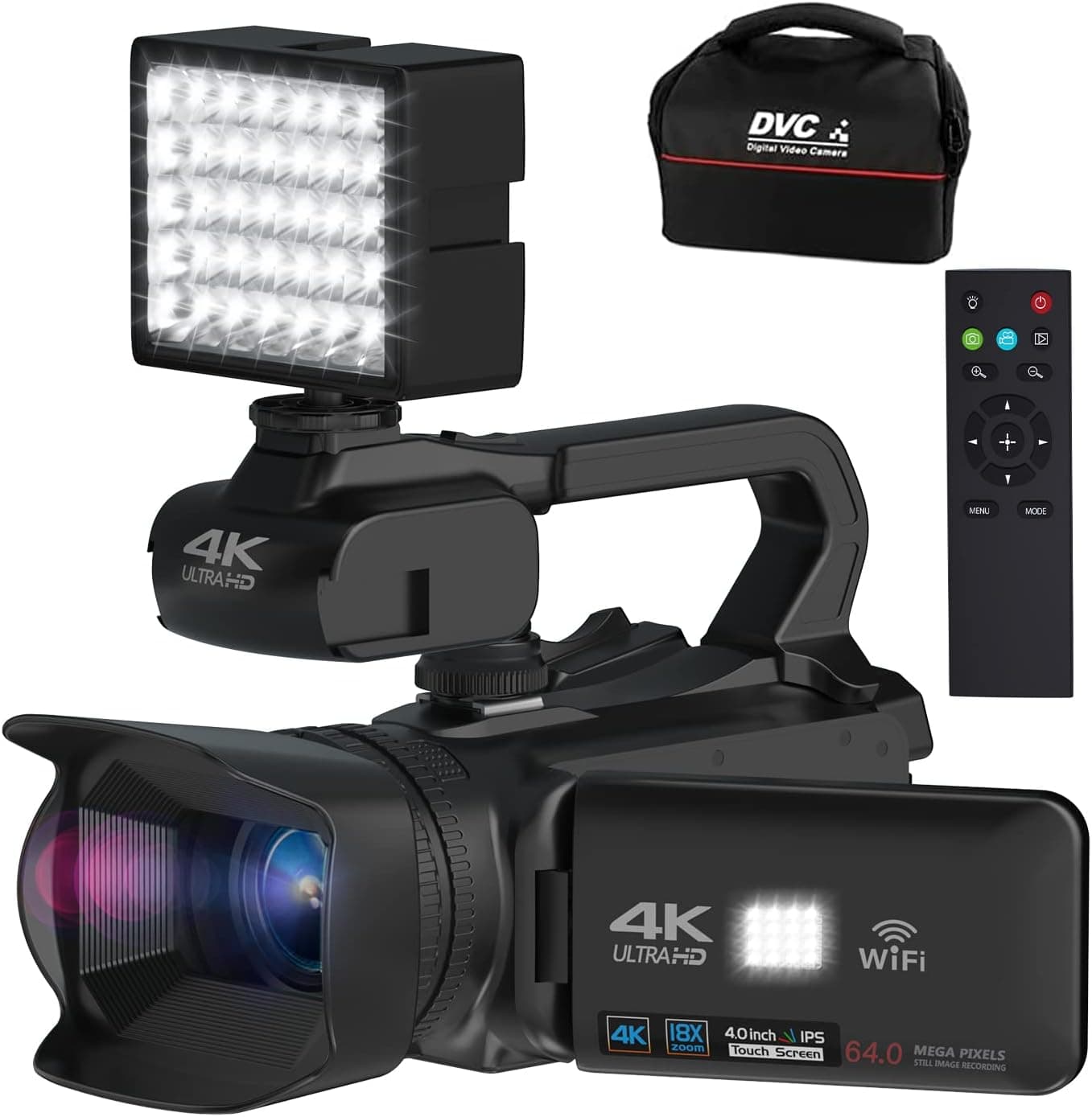 4K Camcorder Video Camera 64MP 60FPS Vlogging Camera for YouTube, with WiFi, Manual Focus, 4.0" Touch Screen 18X Digital Zoom Fill Light, Remote Control, 64GB SD Card and Batteries (2022 Upgrade)