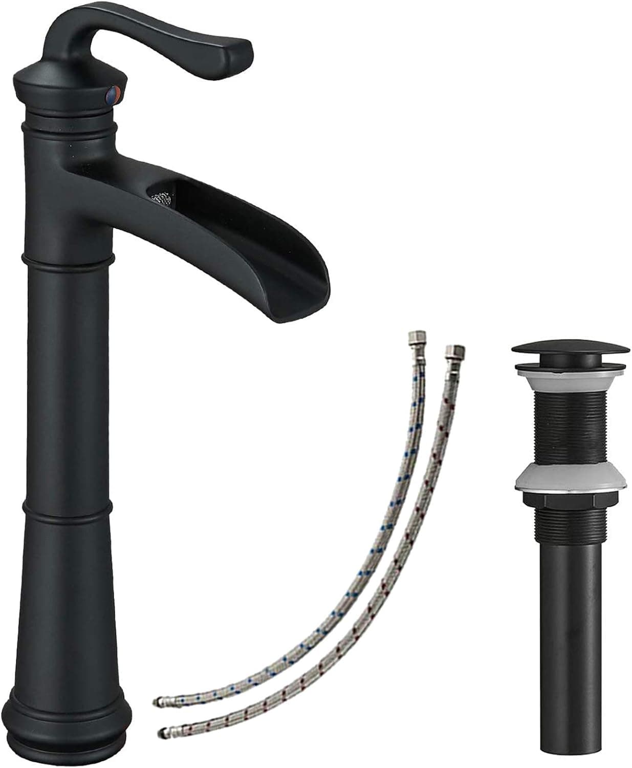 BATHLAVISH Vessel Sink Faucet Matte Black, Waterfall Vessel Faucet, Tall Bathroom Faucet, Farmhouse Single Hole Single Handle Lavatory Vanity RV with Pop Up Drain Without Overflow
