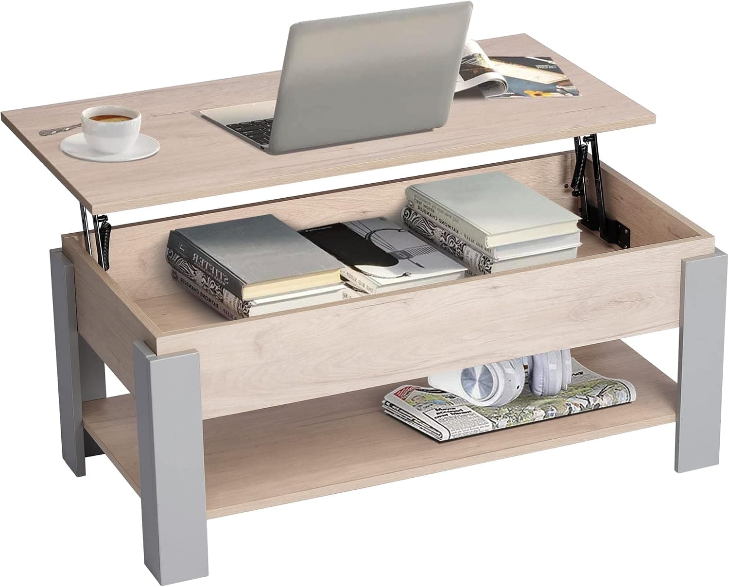 Woodcozy Lift Top Coffee Table with Hidden Compartment and Storage Shelf, Rising Tabletop for Living Room Reception Room, 38.6in