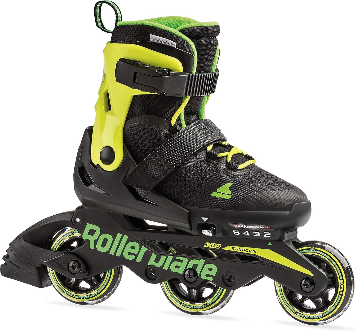 Rollerblade Microblade 3WD Kid's Size Adjustable Inline Skate, Black and Lime, High Performance Inline Skates, Youth