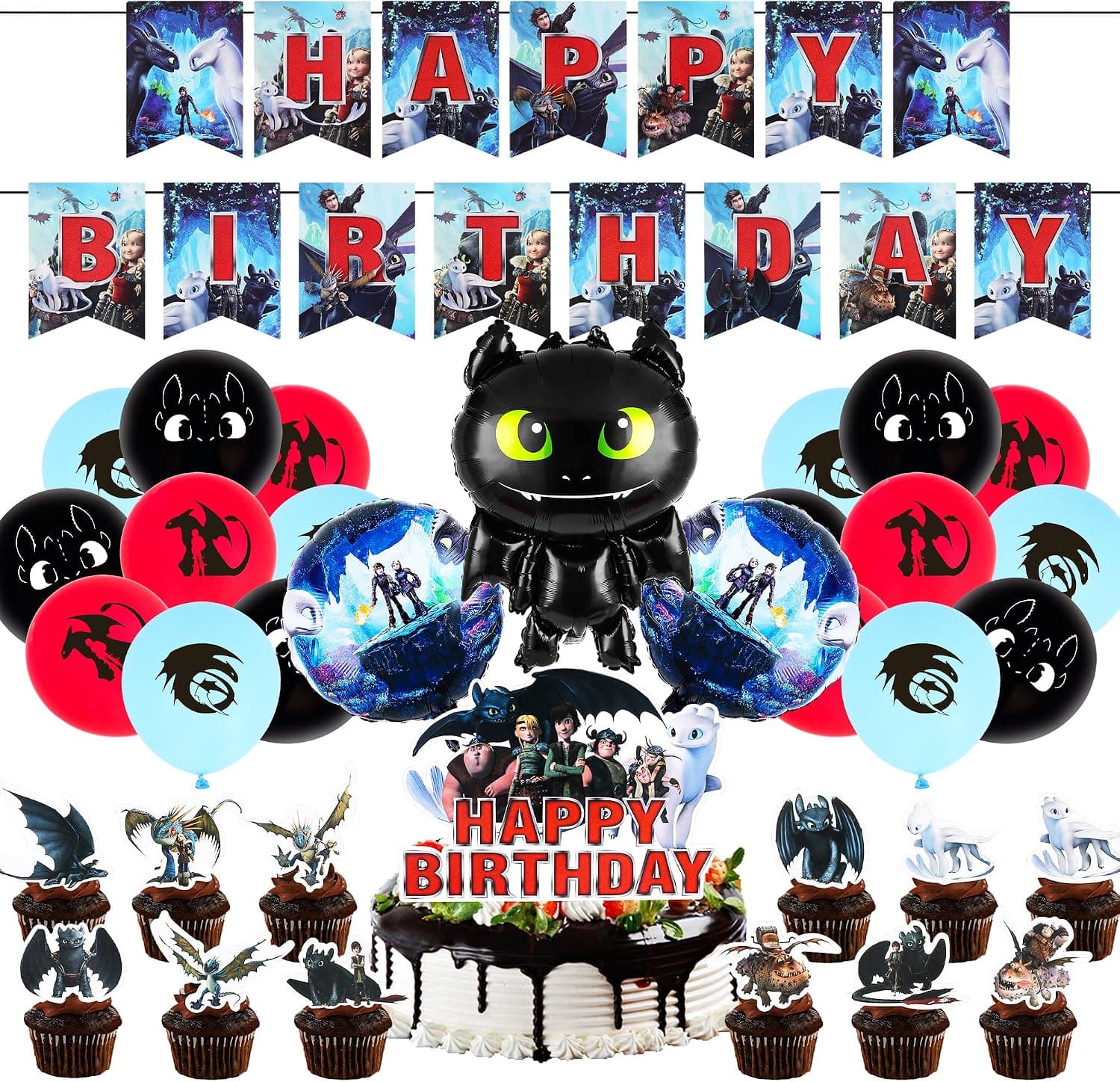 Cartoon Dragon Birthday Party Decorations - 49 PCS Birthday Party Favor with Happy Birthday Banner, Cake Topper , Cupcake Toppers, Balloons for Boys Girls Anime Fans Party Supplies