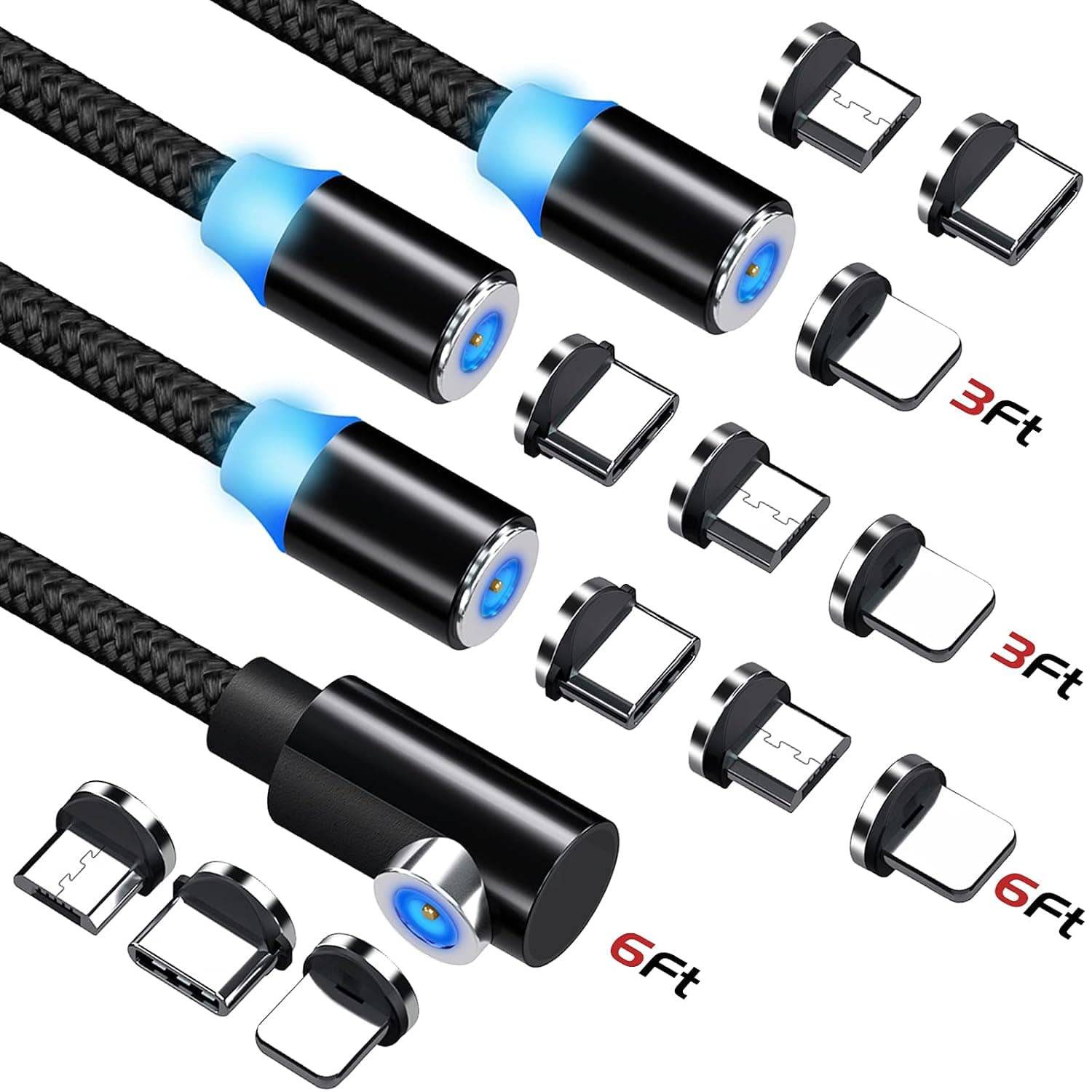Magnetic Charging Cable, Ankndo 3 in 1 Magnetic Phone Charger [4-Pack, 3ft/3ft/6ft/6ft] Magnetic Charger Cable Nylon Braided Magnetic USB C Charging Cable for Micro USB, Type C All Smartphones-Black