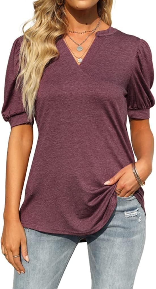 Locryz Women Puff Short Sleeve Shirts Casual Summer V Neck Tunic Blouse