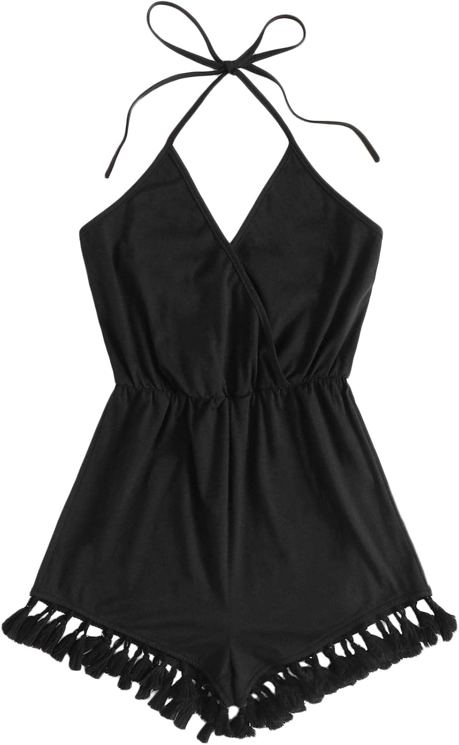 SheIn Women's Fringe Backless Halter Romper Tassle V Neck Wrap Sleeveless High Waisted Jumpsuit