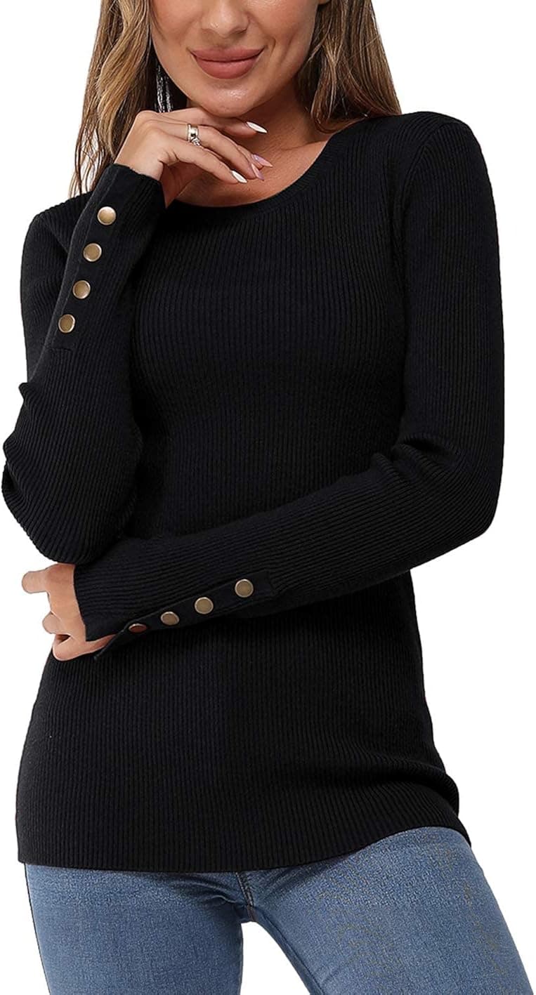 Newshows Women's Solid Long Sleeve Knit Crew Neck Button Stretch Casual Pullover Sweater