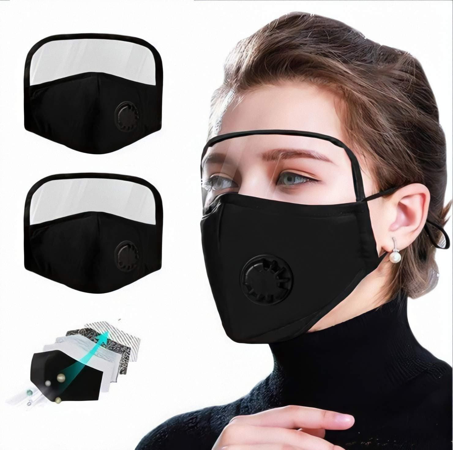 Facial Protection Filtration 95%, Anti-Fog, Dust-Proof With activated carbon filter Adjustable Headgear Nose wire Full Face Protection Masks（2 Pcs eyes shield With 4Pcs activated carbon filter）